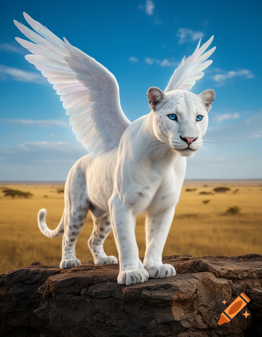 A majestic white jaguar with large feathered wings stands on a rocky outcrop under a bright blue sky over a golden savanna.