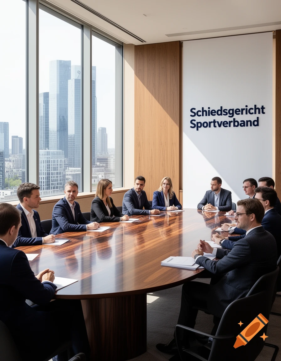 A group of professionals in business attire sits around a large oval conference table in a modern boardroom with a city skyline view.