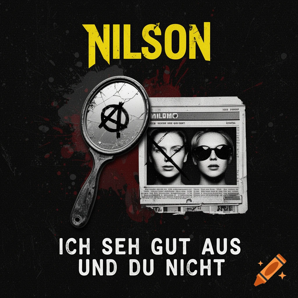 A dark, gritty album cover featuring a cracked hand mirror reflecting an anarchy symbol, red splatters, and a newspaper clipping with two women, one with an 'X' over her face. Yellow text says 'NILSON' at the top and 'ICH SEH GUT AUS UND DU NICHT' at the bottom.