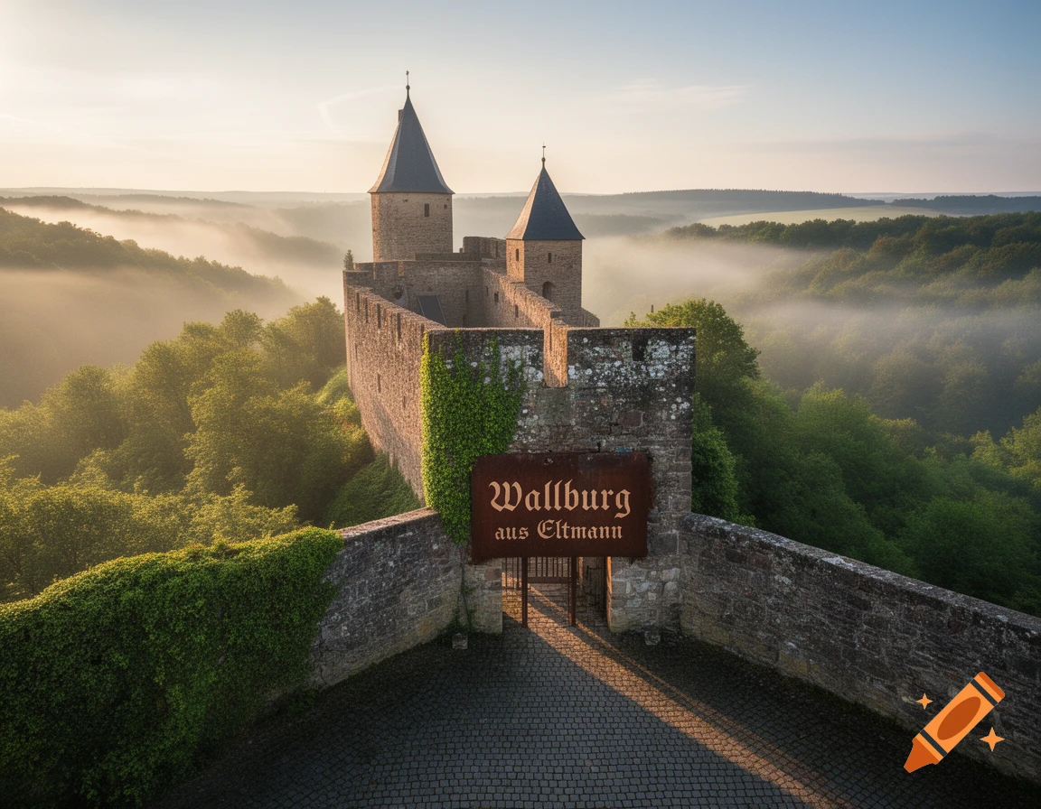 Photorealistic castle with two towers and stone walls, surrounded by a misty forest at sunrise, with a sign reading 'Wallburg aus Eltmann'.