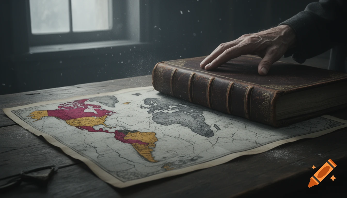 An aged hand rests on a large leather-bound book over an old world map on a rustic wooden table. Dust motes float in the cold ambient light from a window.