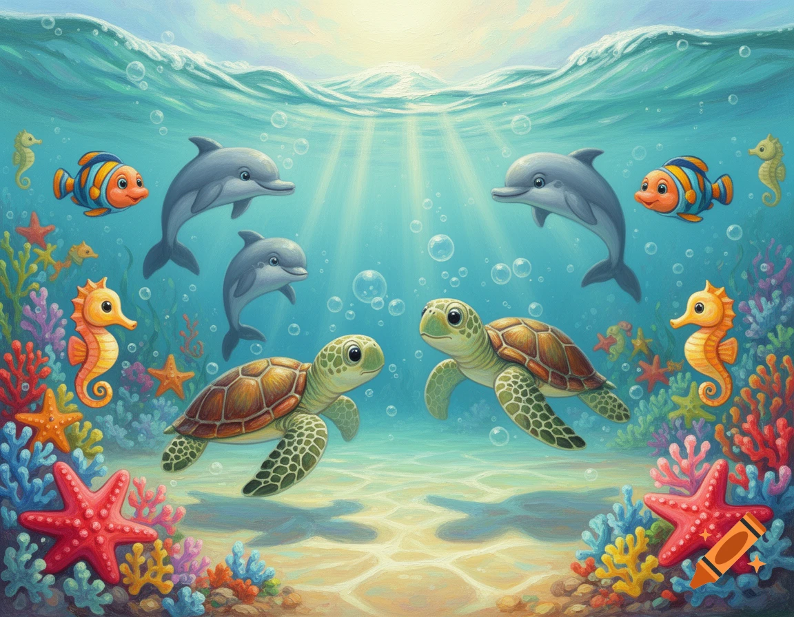 Adorable dolphins, turtles, clownfish, and seahorses swim in a vibrant underwater coral reef, illustrated in an oil painting style.