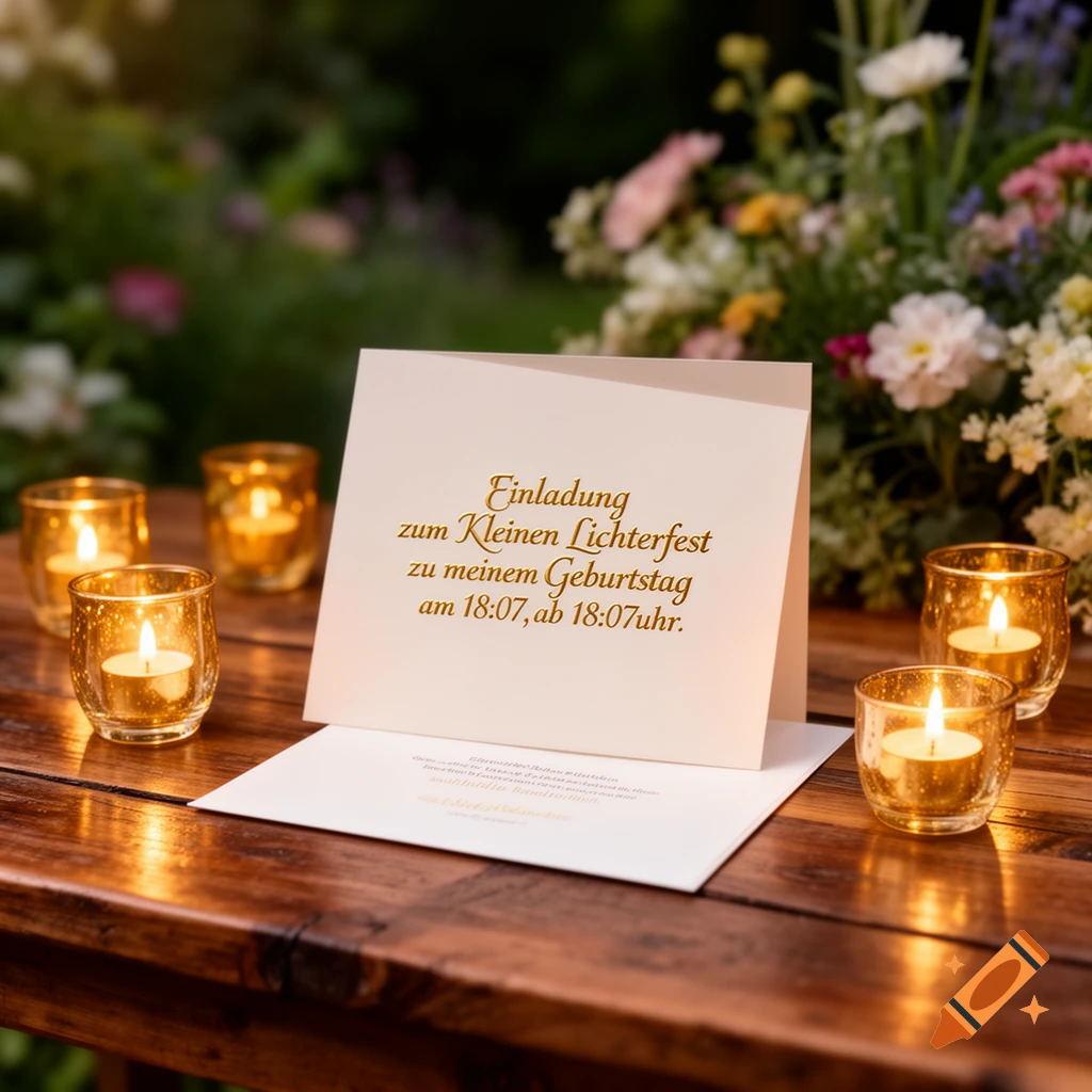 A cream-colored invitation card for a birthday party, standing on a wooden table surrounded by several glowing tea light candles. Soft light and blurred flowers are in the background.