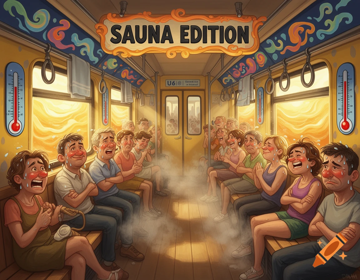 Exaggerated cartoon of people sweating profusely in a hot subway car labeled 'SAUNA EDITION', resembling a sauna.