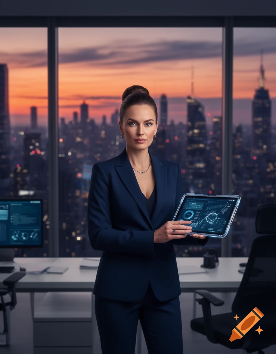 A businesswoman in a dark suit holds a tablet displaying graphs and data, standing in an office with a city skyline at sunset visible through large windows.