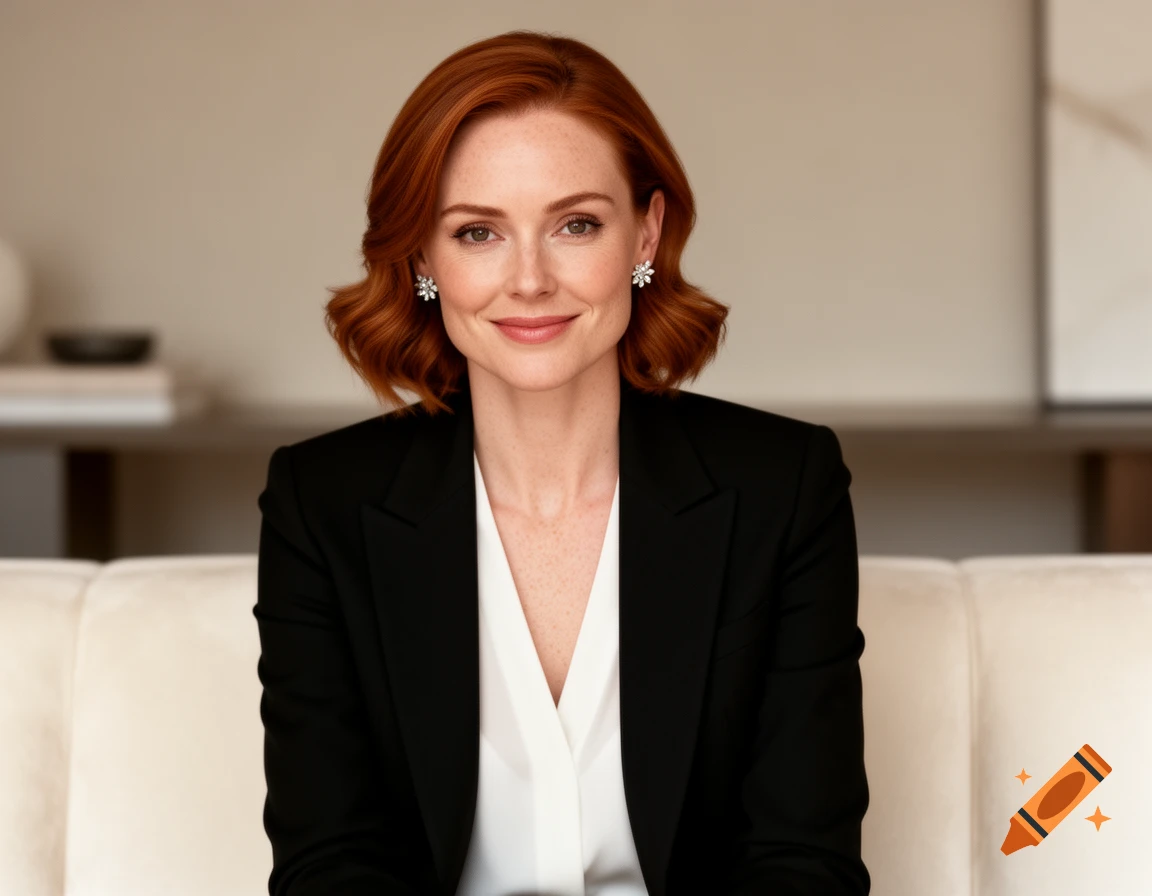 Photorealistic portrait of a smiling woman with short red hair and freckles, wearing a black blazer.
