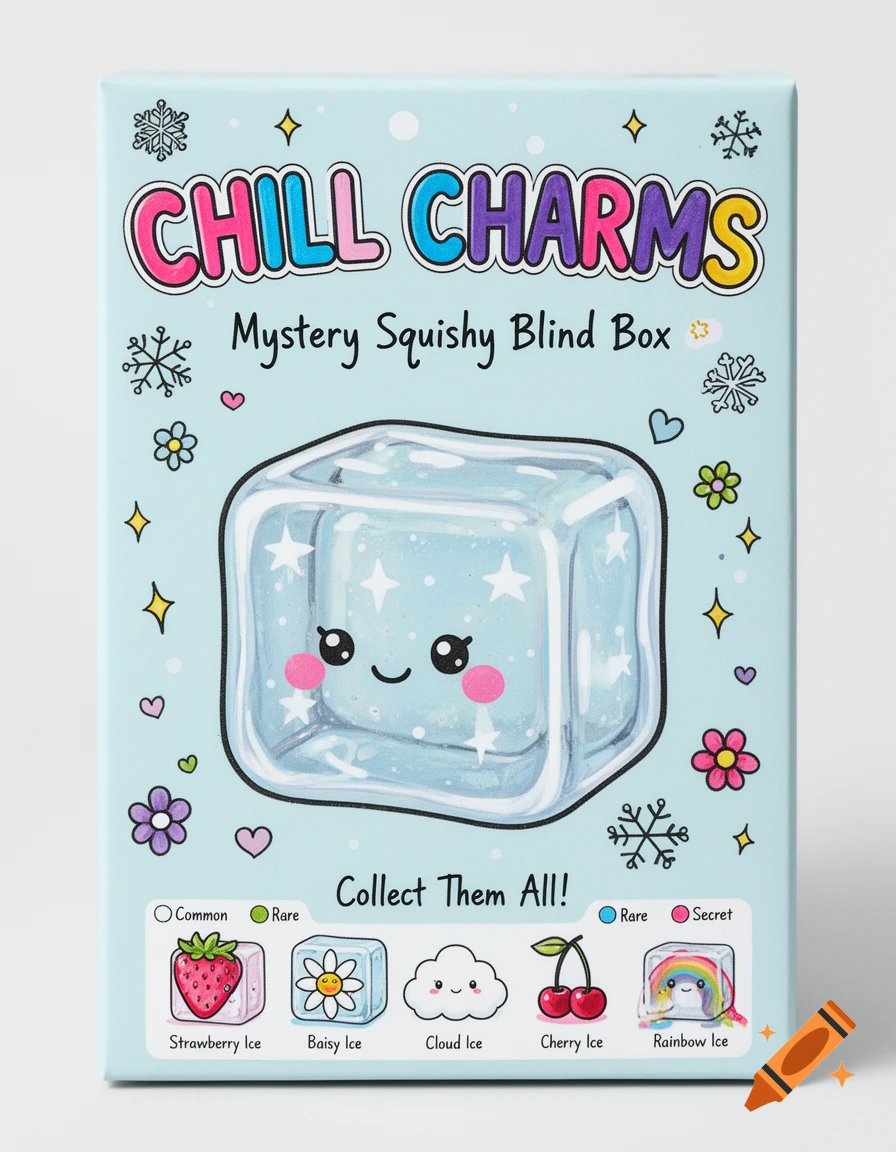 Light blue blind box design for 'Chill Charms Mystery Squishy Blind Box' with a cute ice cube character and smaller collectible ice cube characters.