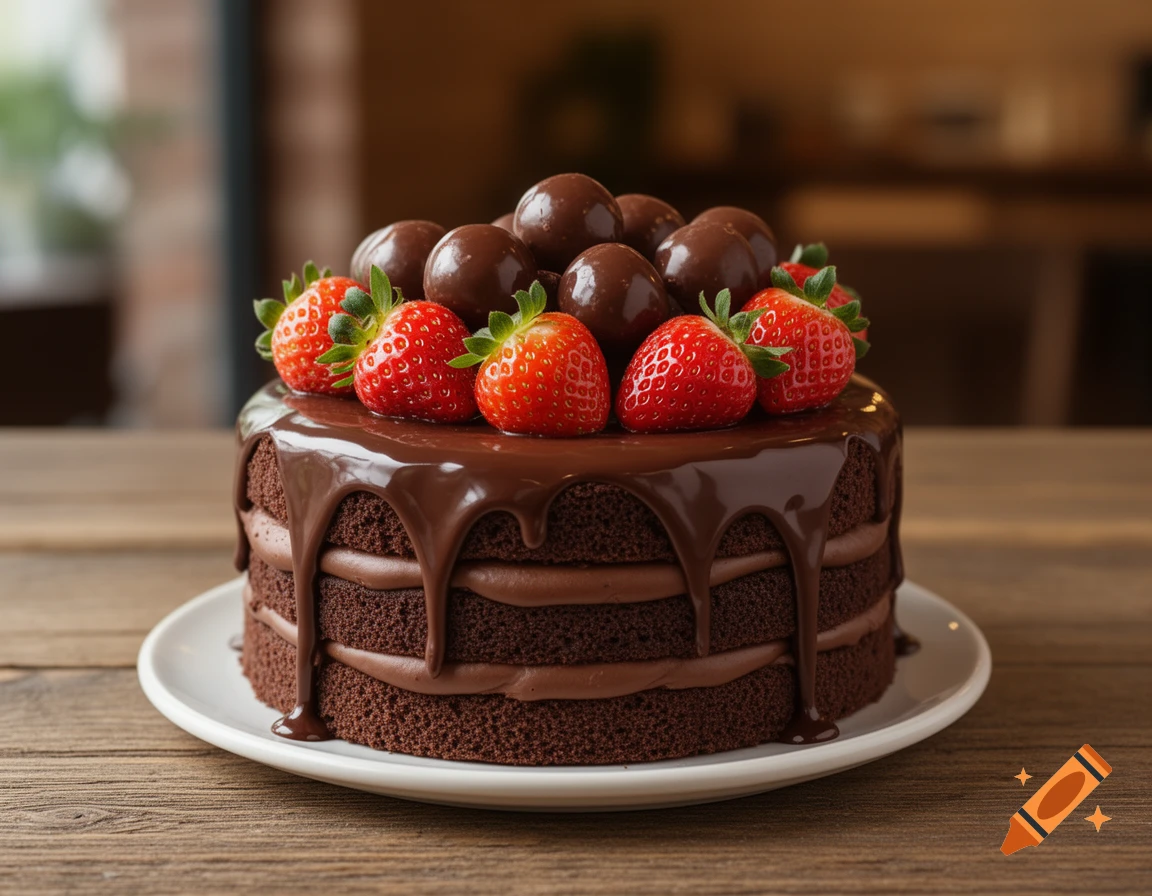 A photorealistic chocolate cake topped with chocolate truffles, fresh red strawberries, and rich chocolate ganache dripping down its sides.