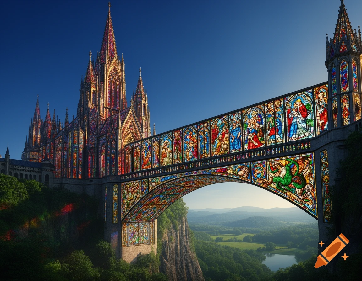 Majestic stained glass castle and bridge overlooking a green valley with a lake under a blue sky.