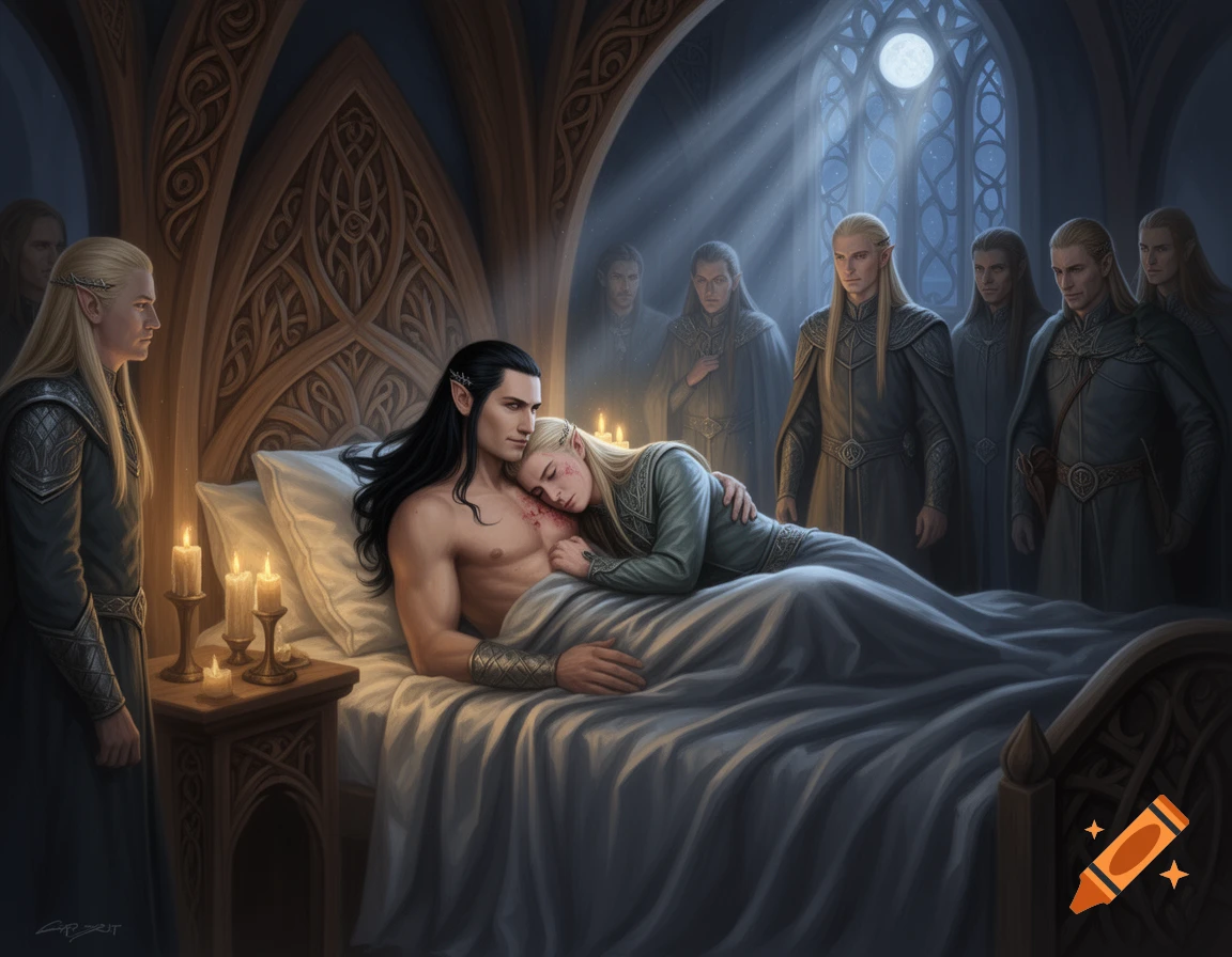 An emotional fantasy painting shows a dark-haired elf cradling an injured blond elf in bed, surrounded by other elves.