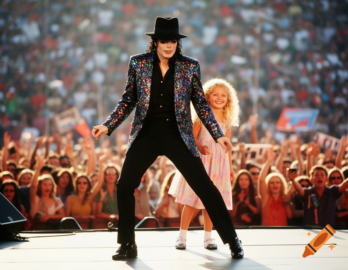 Michael Jackson in a sparkling jacket on stage, dancing next to a smiling blonde girl, with a cheering crowd in the background.