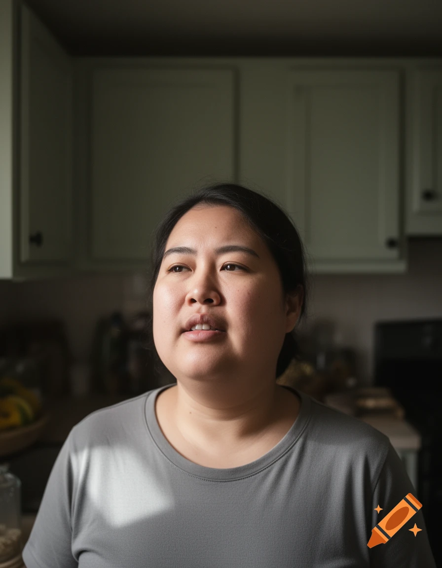 A woman with a slight double chin looks up and to the right in a kitchen with green cabinets.