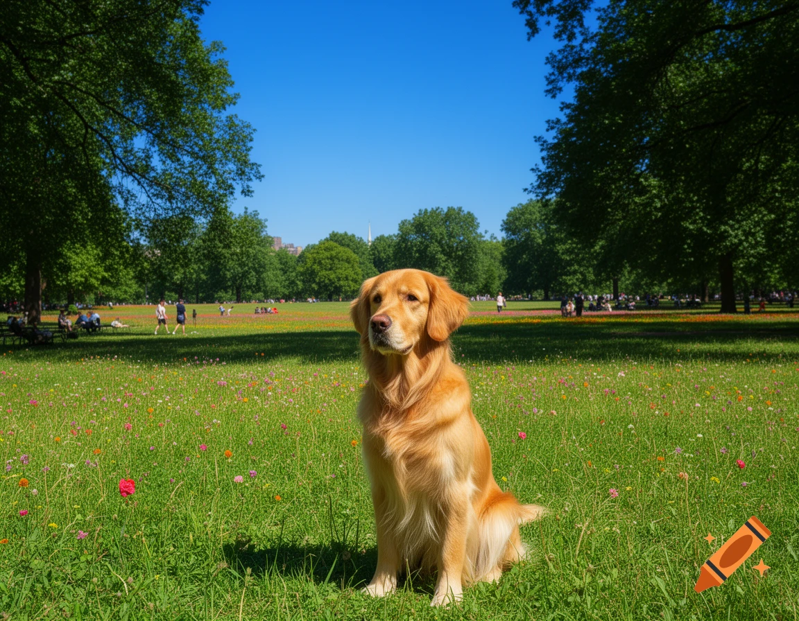 A photorealistic golden retriever sits in a lush green park filled with colorful wildflowers under a clear blue sky.