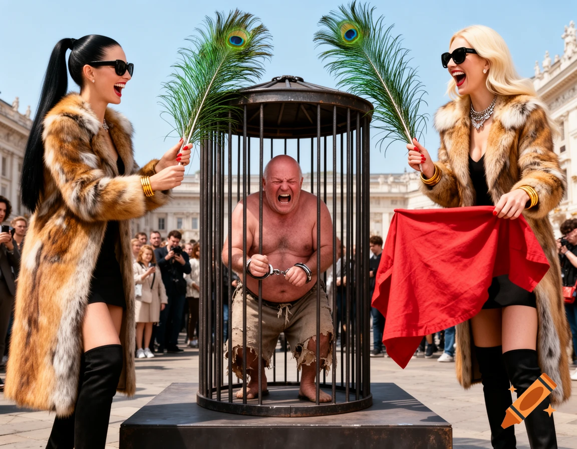 Two women in fur coats and sunglasses, one with peacock feathers, the other with a red cloth, stand laughing around a caged, handcuffed man screaming in a public square.