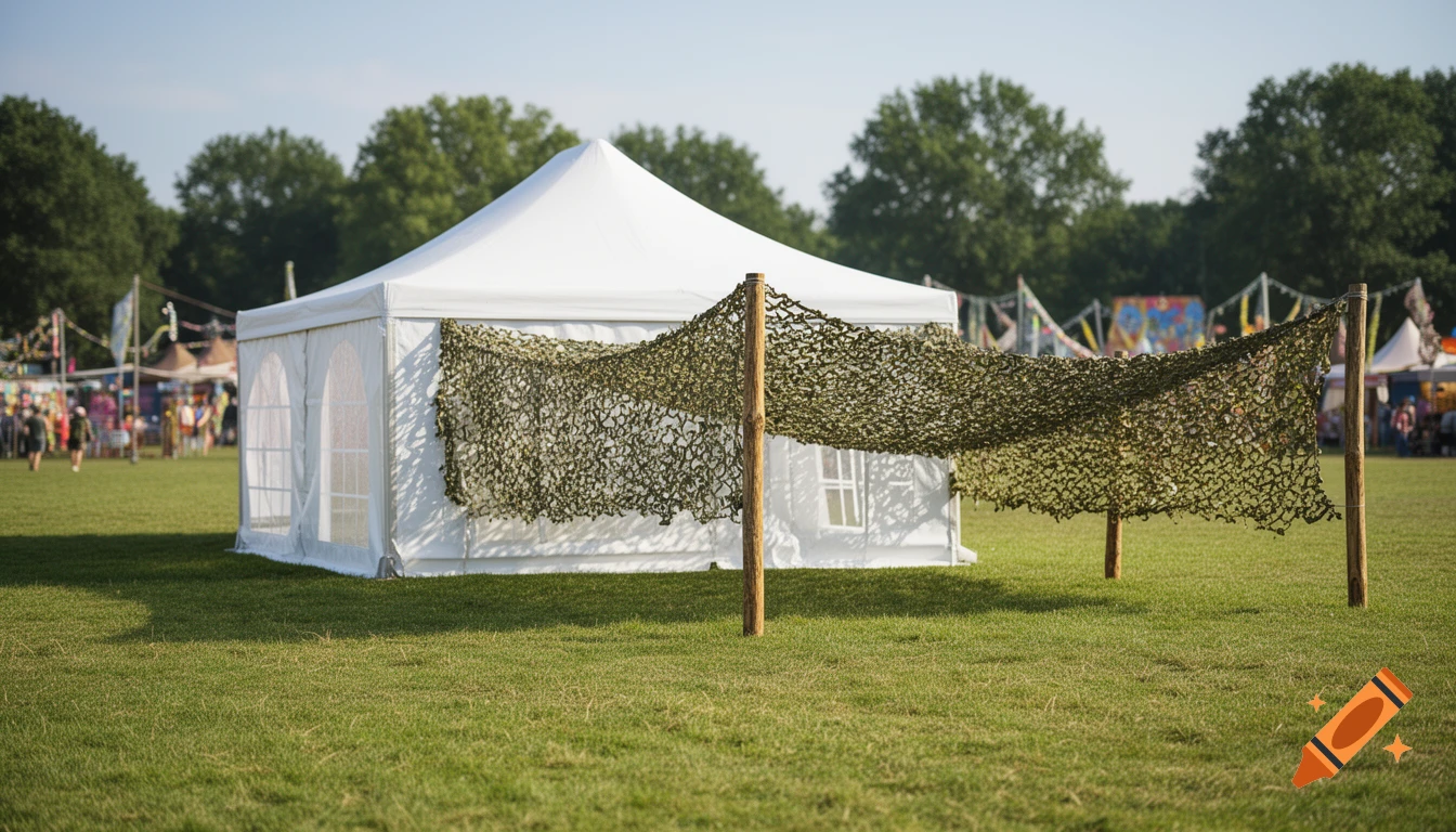 A white event pavilion with a military camouflage net stretched over it, supported by rustic wooden posts in a green festival meadow.