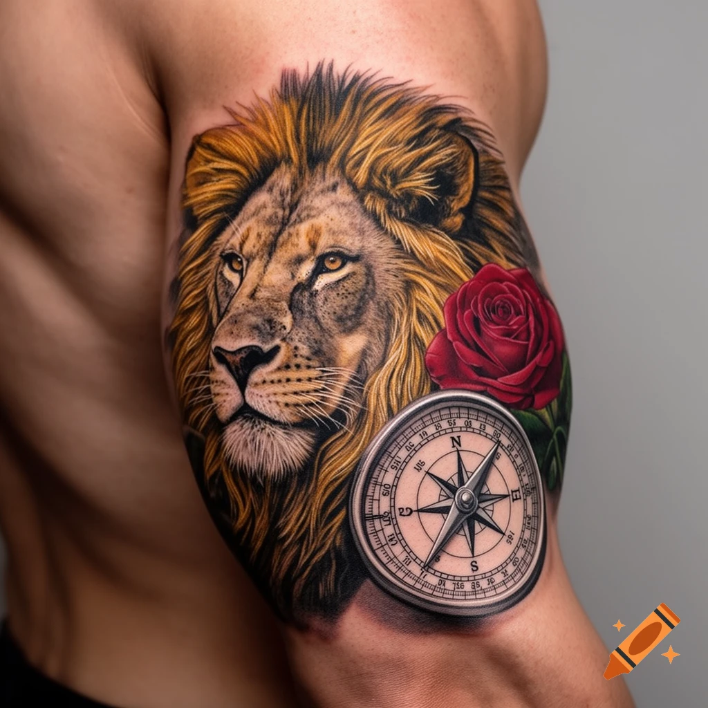 A detailed, realistic tattoo featuring a lion's head, a red rose, and a compass, on a person's upper arm.