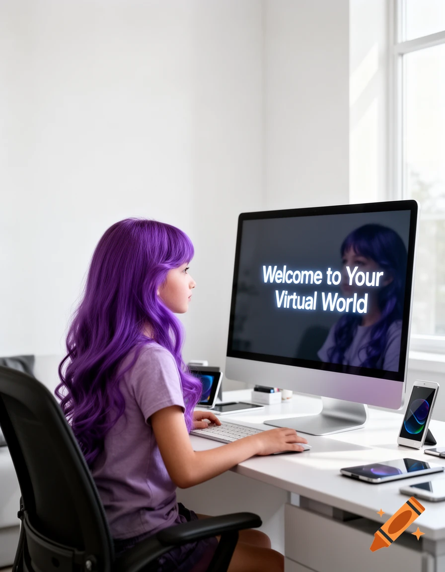 A young girl with long purple hair looks at a computer screen displaying 'Welcome to Your Virtual World' in a modern room.