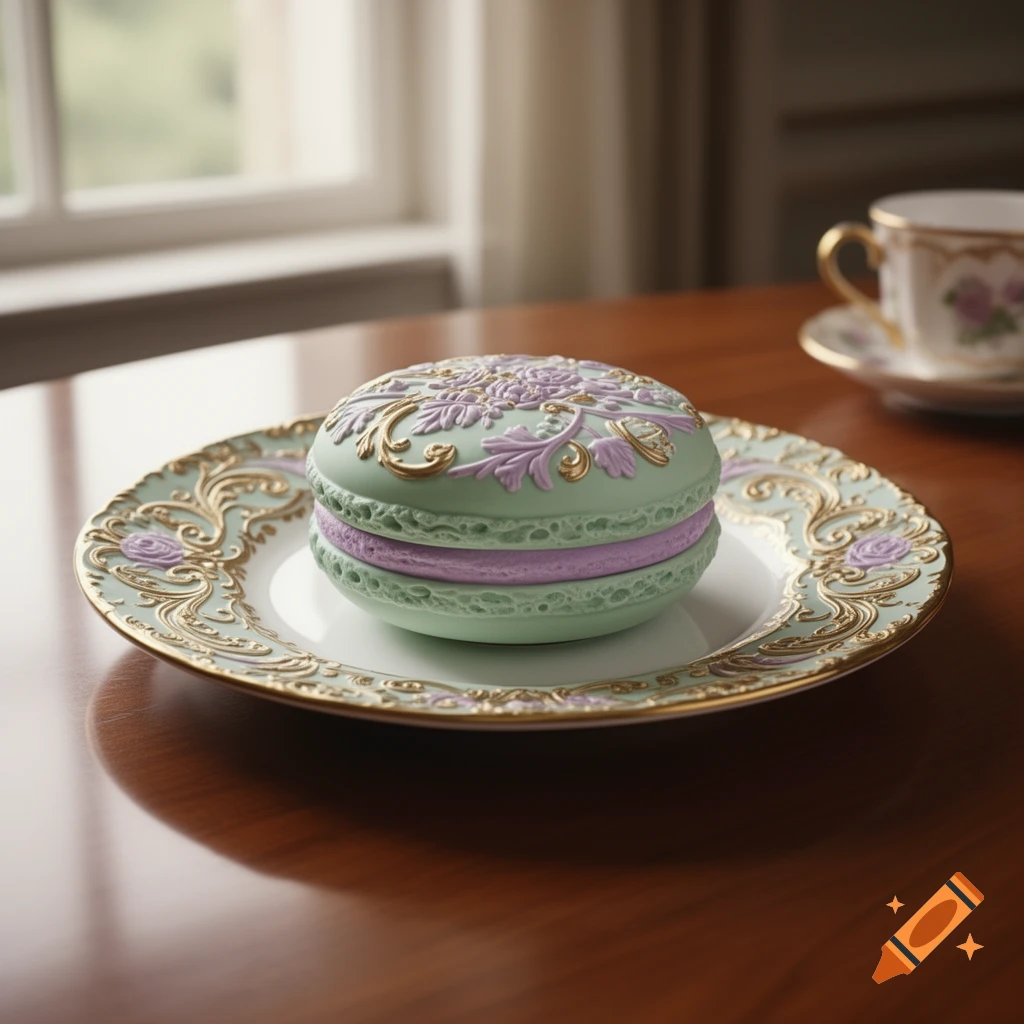 A decorative light green macaron with gold and lavender Rococo patterns sits on an ornate plate on a wooden table.