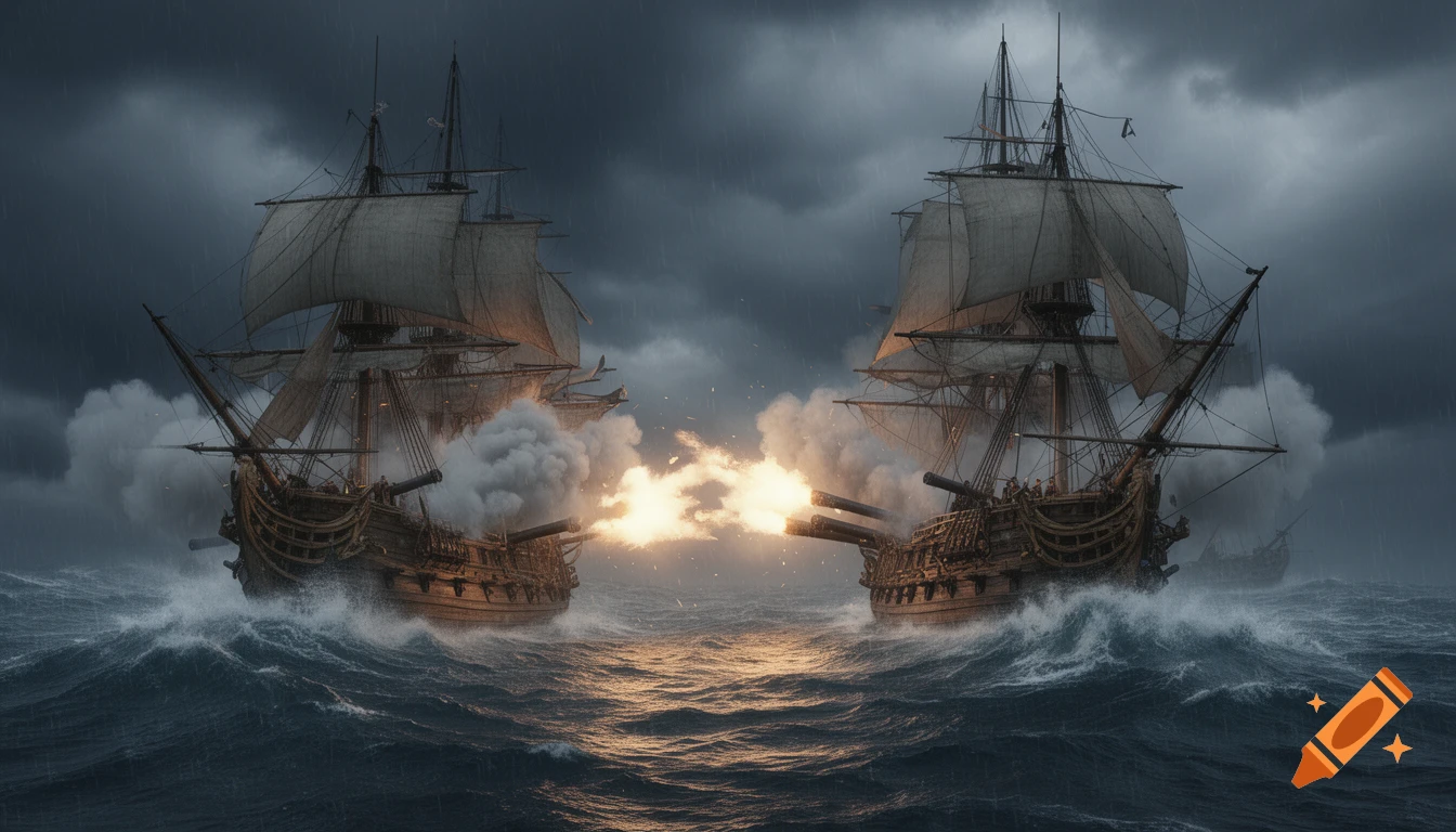 Two photorealistic historical warships battle at sea, firing cannons amid huge waves under a stormy sky.