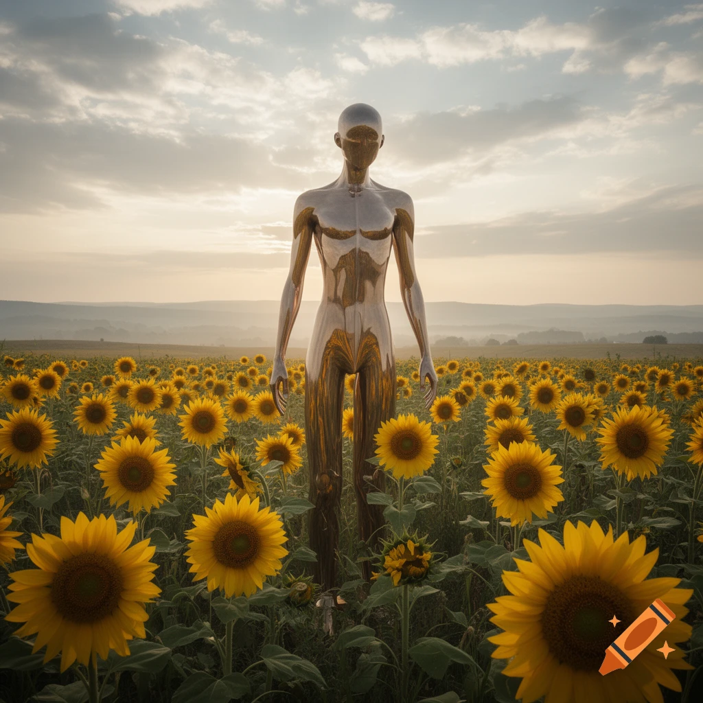 A tall, metallic, featureless humanoid figure stands in a vast field of bright yellow sunflowers under a cloudy sky.