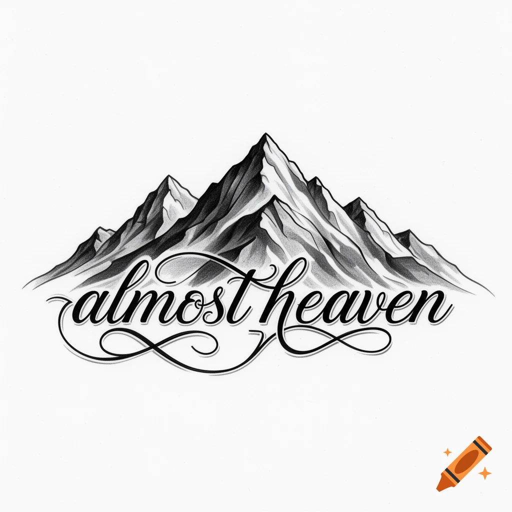 Black and white tattoo-style illustration of a mountain range with the text 'almost heaven' in decorative script below.