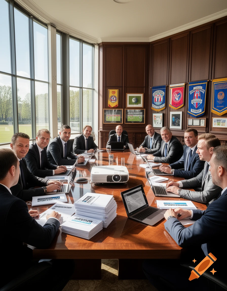 A group of men in suits sit around a large wooden table in a well-lit conference room, with laptops and documents, and banners on the wall.