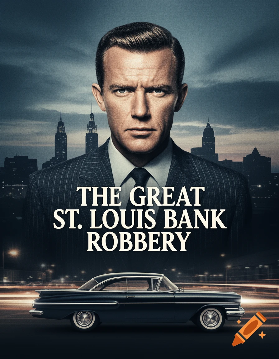 A movie poster featuring a serious man in a suit, a city skyline, and a vintage car with the title 'The Great St. Louis Bank Robbery'.