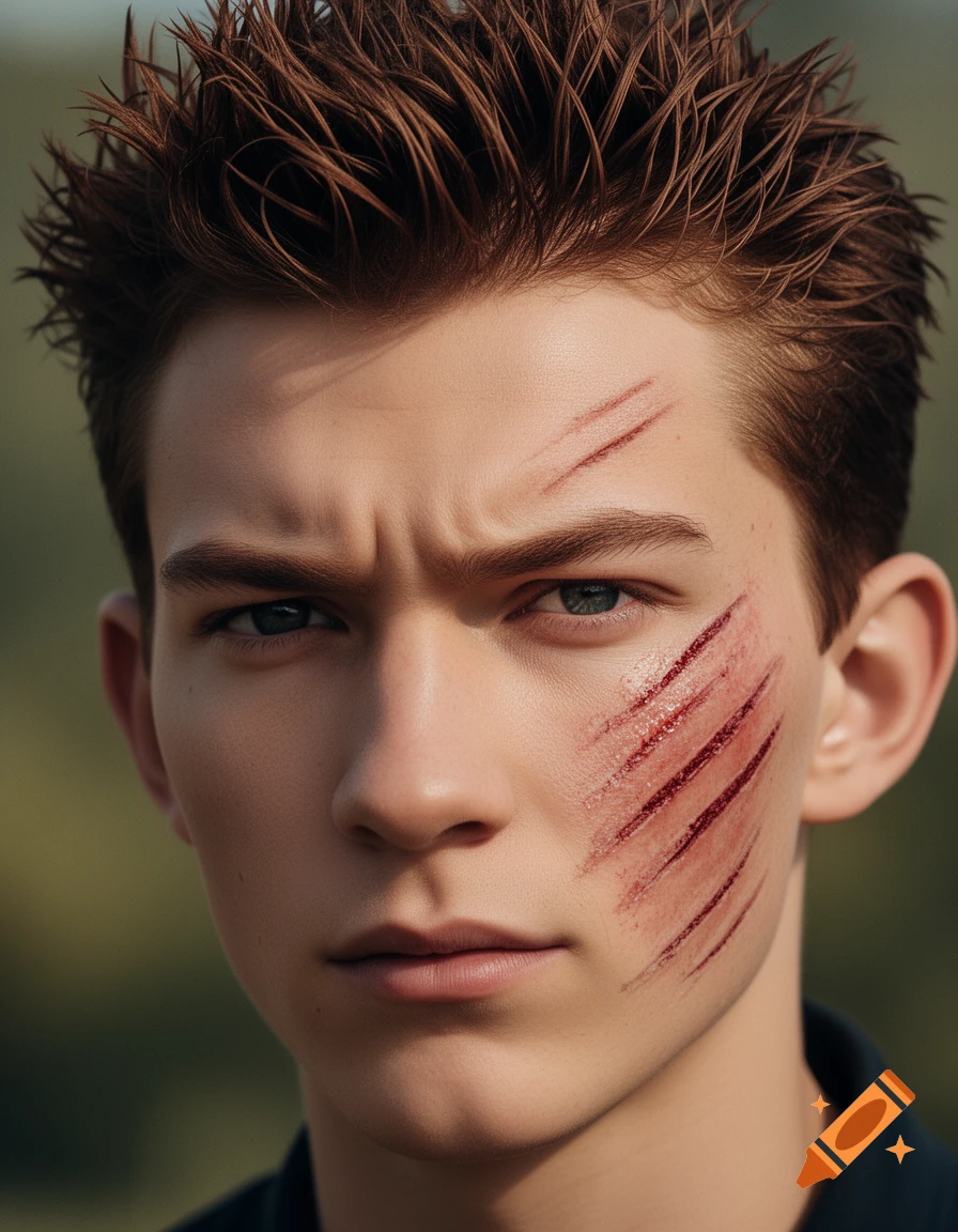 Photorealistic portrait of a young man with spiky brown hair, blue eyes, and road rash with blood on the right side of his face.