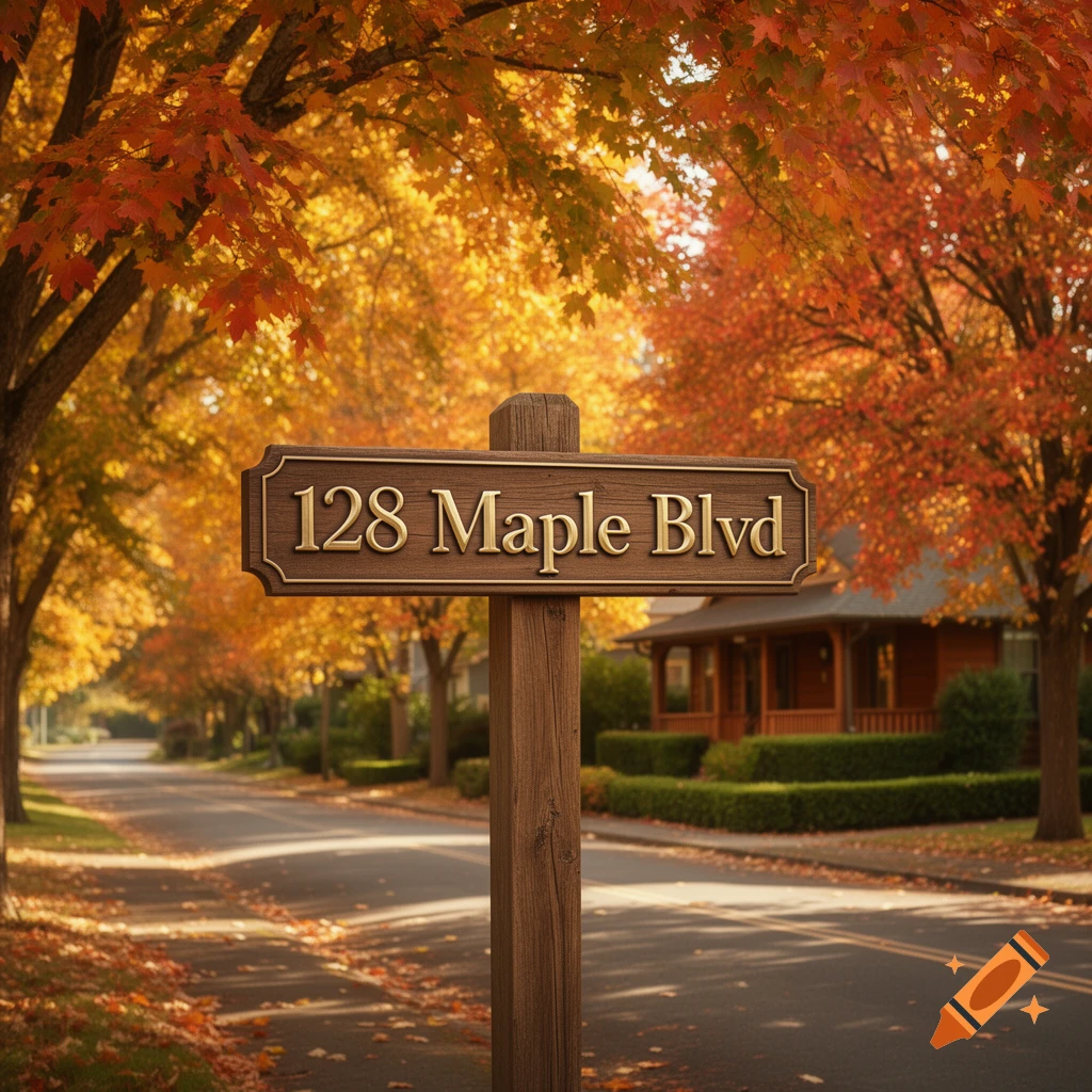A wooden street sign reading "128 Maple Blvd" stands on a residential street lined with vibrant autumn trees and houses, in a photorealistic style.