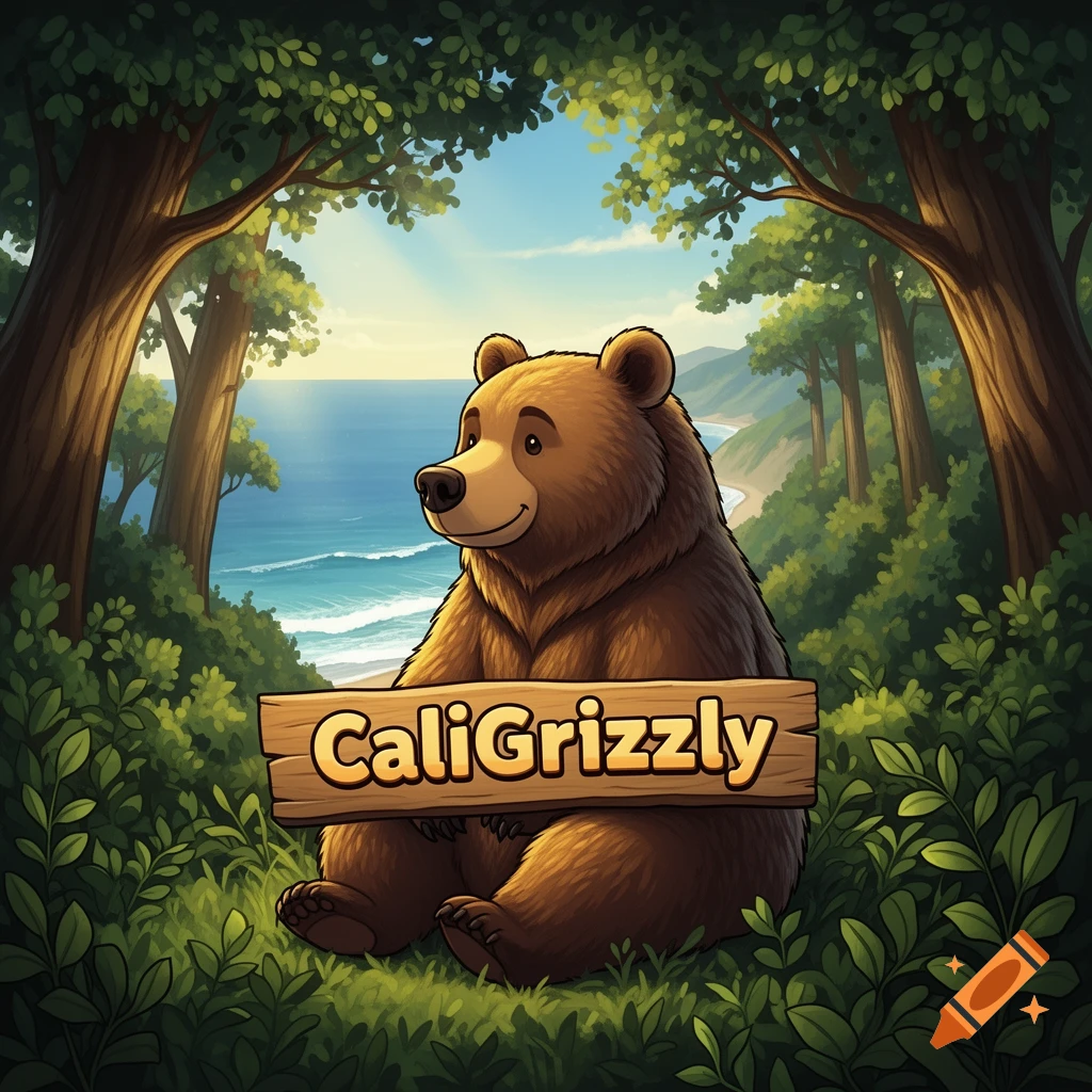 A cartoon grizzly bear sits in a forest clearing overlooking the ocean, holding a wooden sign that reads "CaliGrizzly".