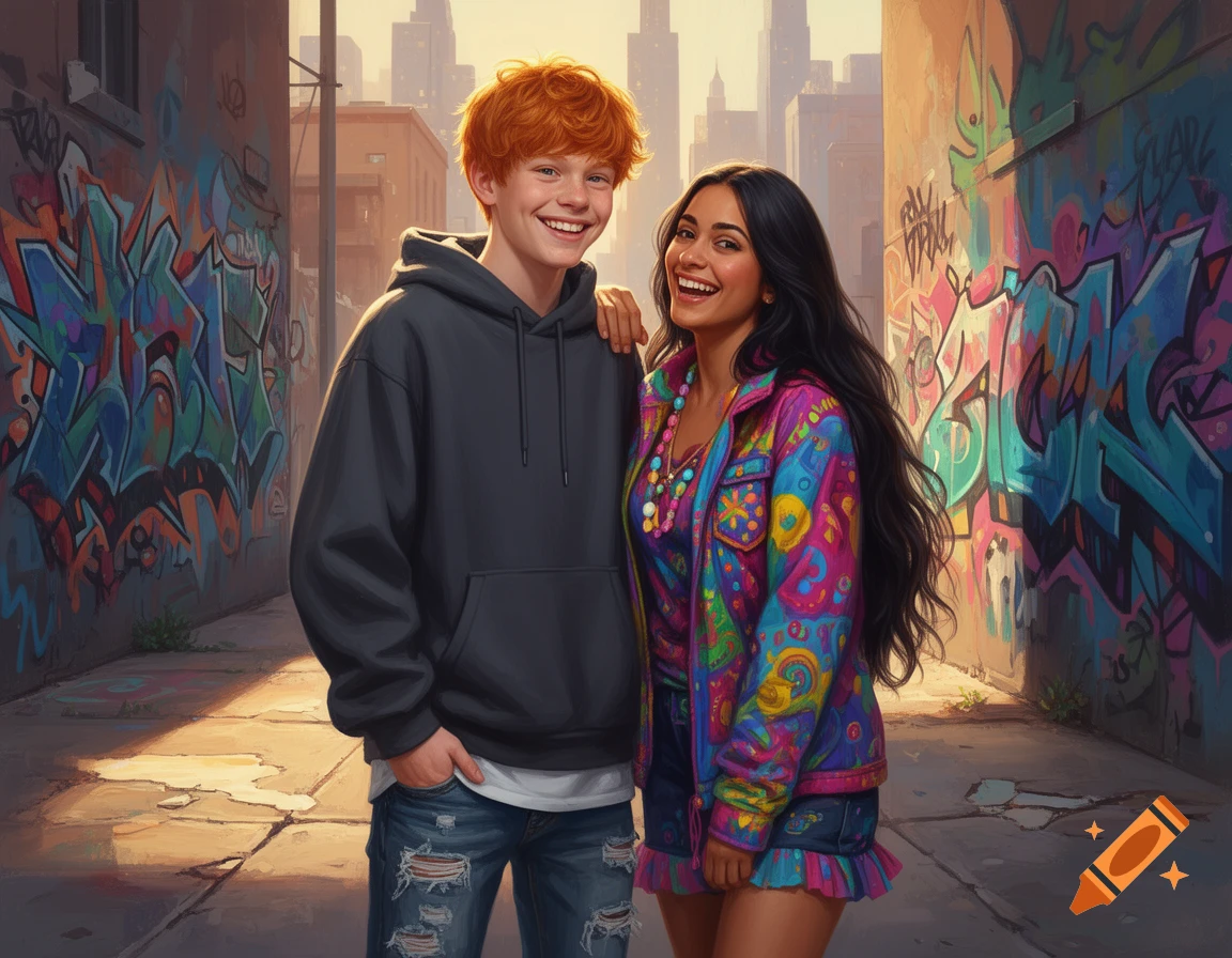 A smiling ginger-haired boy and a Latina girl in colorful streetwear pose in a graffiti-filled urban alley with a city skyline. Digital art.