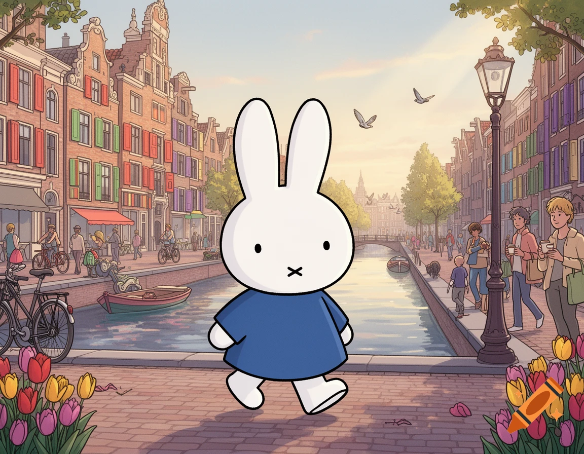 A cartoon Miffy, a white rabbit in a blue dress, walks on a brick path alongside a canal in an illustrated Amsterdam cityscape.