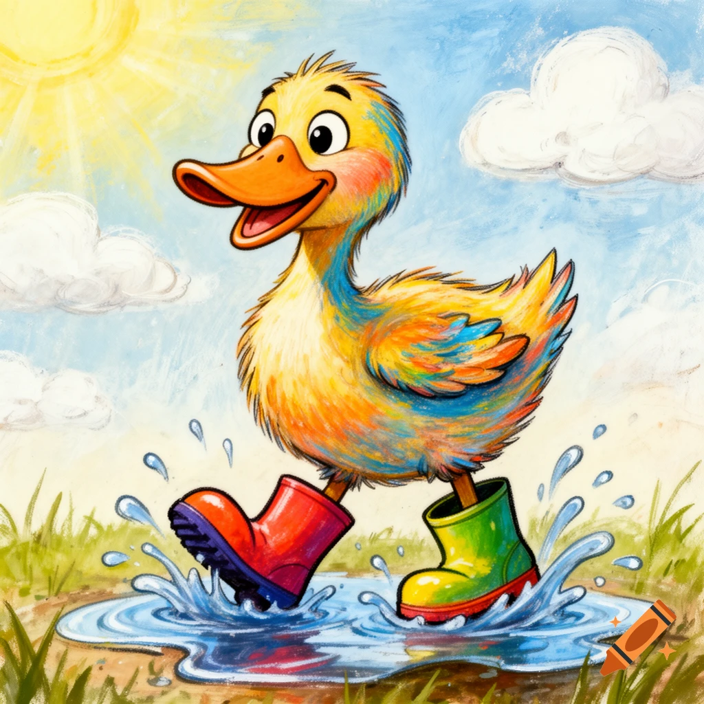 A colorful cartoon duck with an orange beak and red and green rain boots splashes in a puddle under a sunny sky, drawn in a child-like style.