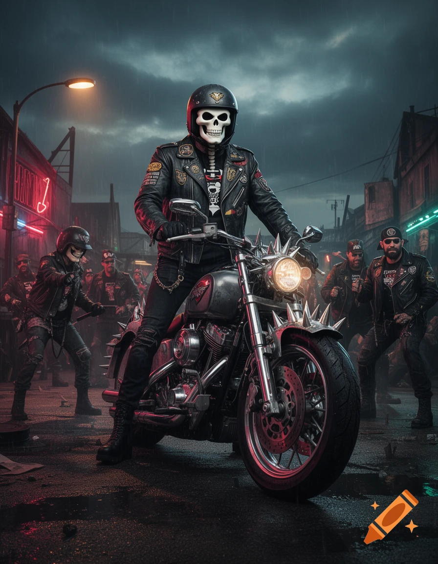 A skeleton biker in a black leather jacket sits on a motorcycle on a wet, neon-lit street at night, with other bikers in the background.