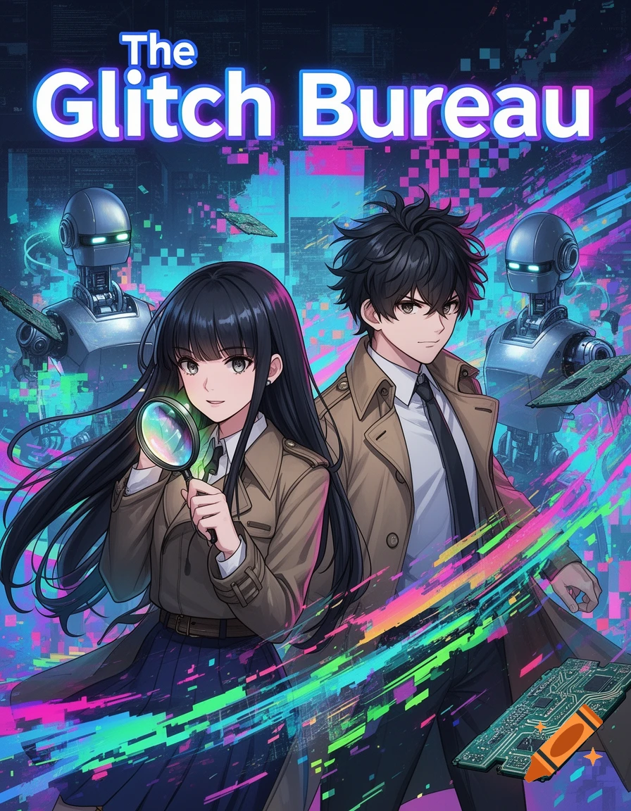 Anime-style game poster featuring a girl with a magnifying glass and a boy in detective coats, surrounded by robots and glitch effects, with 'The Glitch Bureau' title.