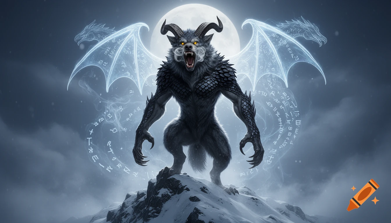 A massive werewolf with dragon scales, glowing eyes, and spectral wings stands on a snowy mountain under a full moon, surrounded by swirling runes.