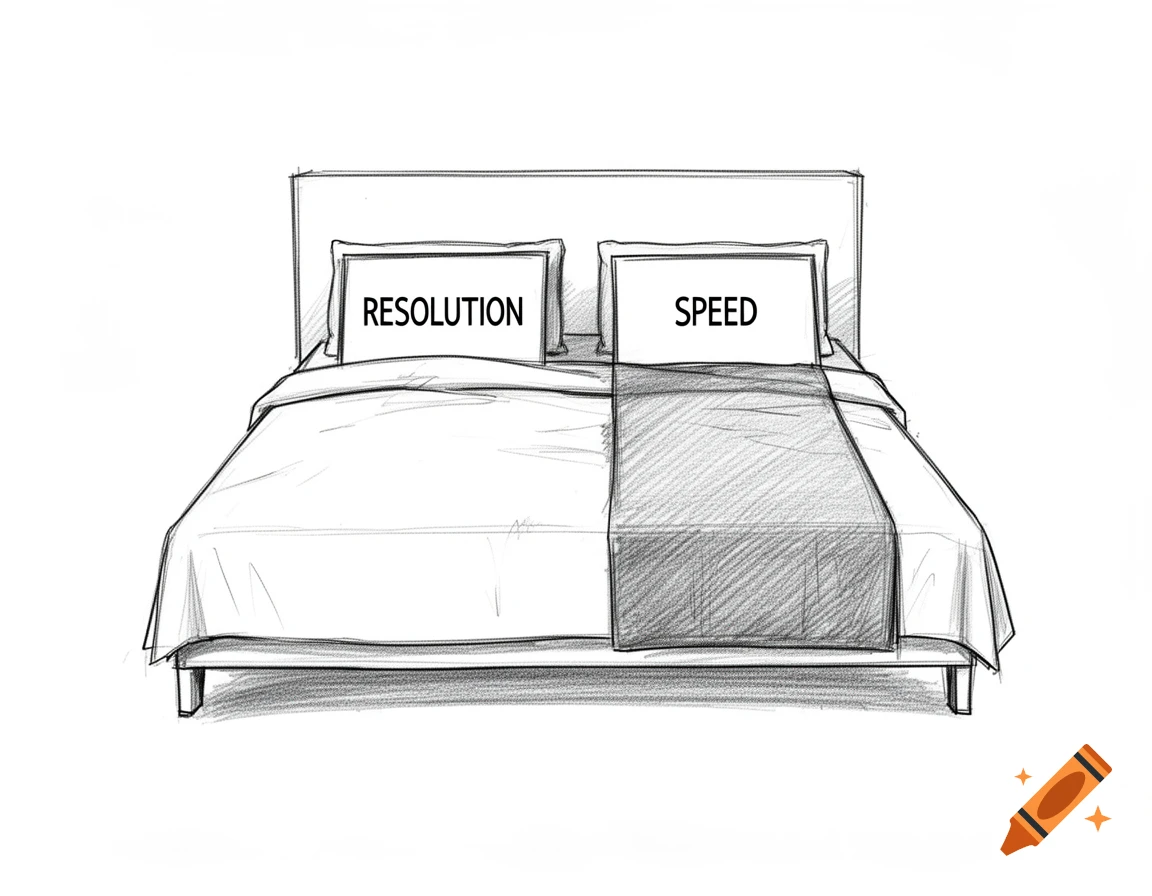 A black and white hand-drawn sketch of a bed. Two rectangular signs on the bed read 'RESOLUTION' and 'SPEED'.