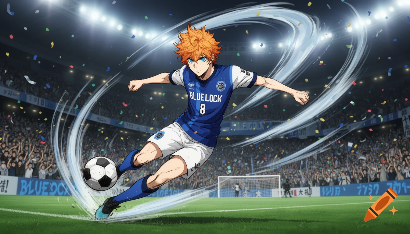 Anime male soccer player with orange hair, wearing a blue BLUELOCK 8 uniform, kicking a ball in a vibrant stadium full of cheering fans.