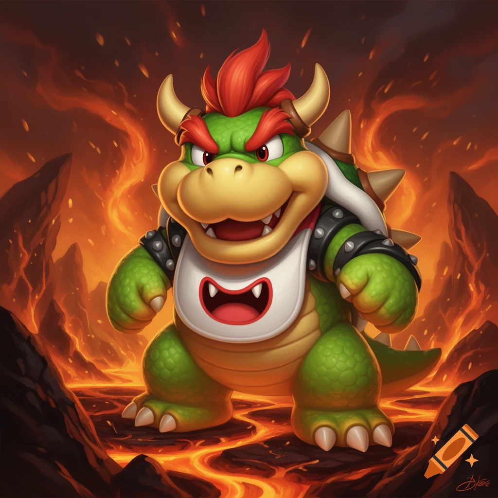A cartoon illustration of Bowser Jr. standing on a fiery lava landscape, looking mischievous with a wide grin.