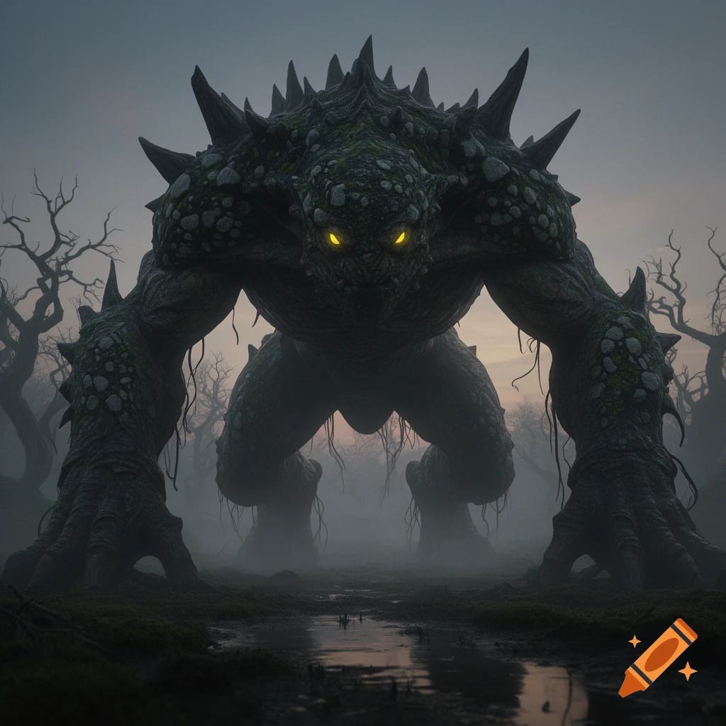 A large, dark, moss-covered monster with glowing yellow eyes stands hunched in a foggy, barren swamp with dead trees.