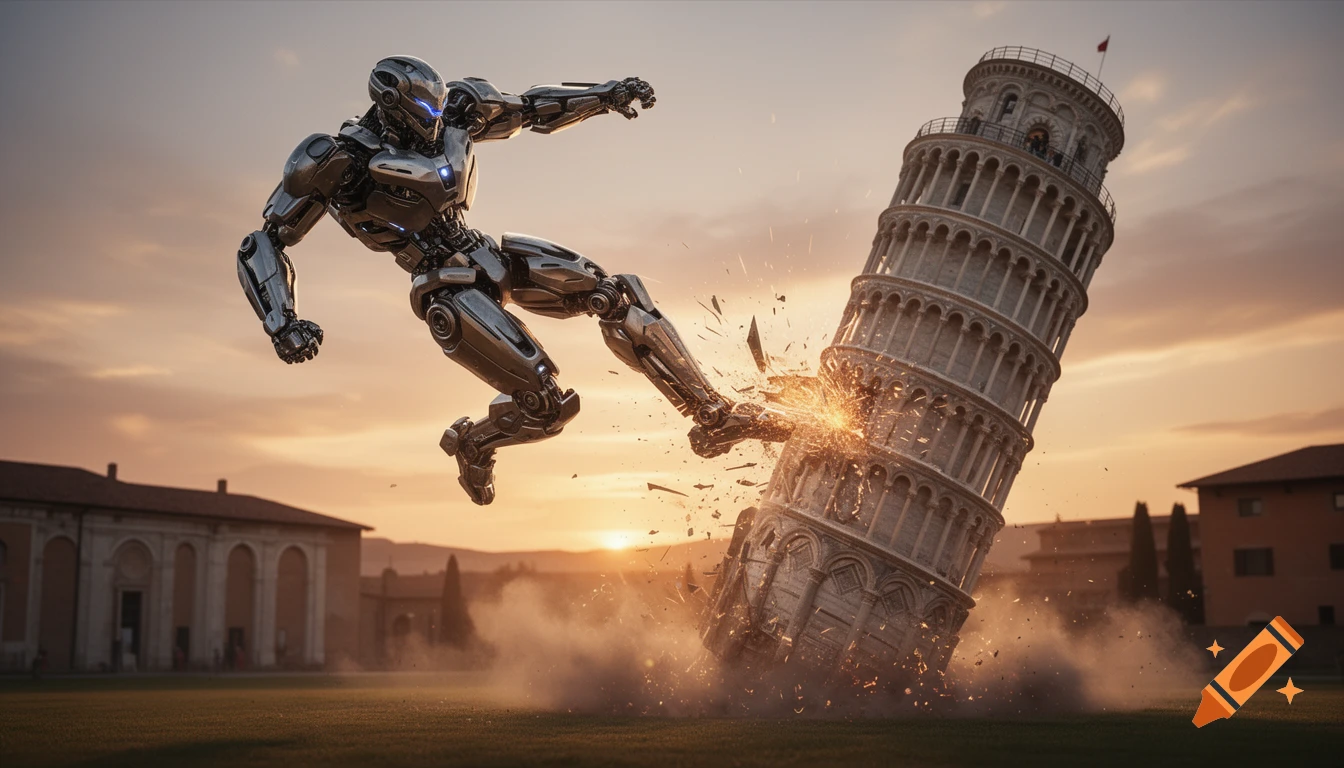 A futuristic robot kicks and demolishes the Leaning Tower of Pisa at sunset, with dust and sparks in a photorealistic style.