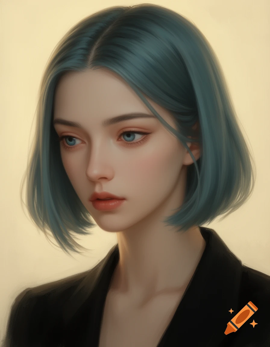 Painterly digital illustration of a young woman with short blue-green hair, blue eyes, and porcelain skin, wearing a black blazer.