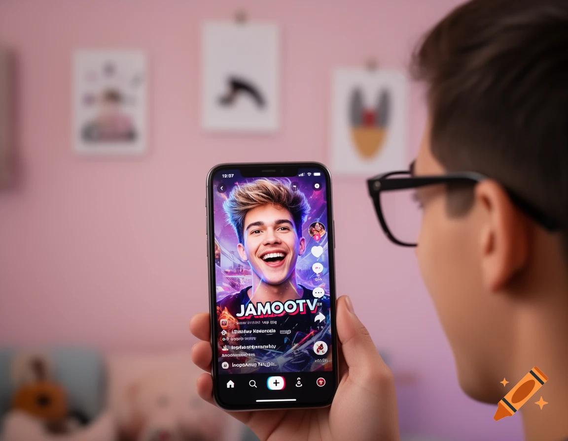 A person in glasses views a phone screen displaying a smiling young man with spiky hair and text 'JAMOOTV' on a social media app, against a blurred pink background.