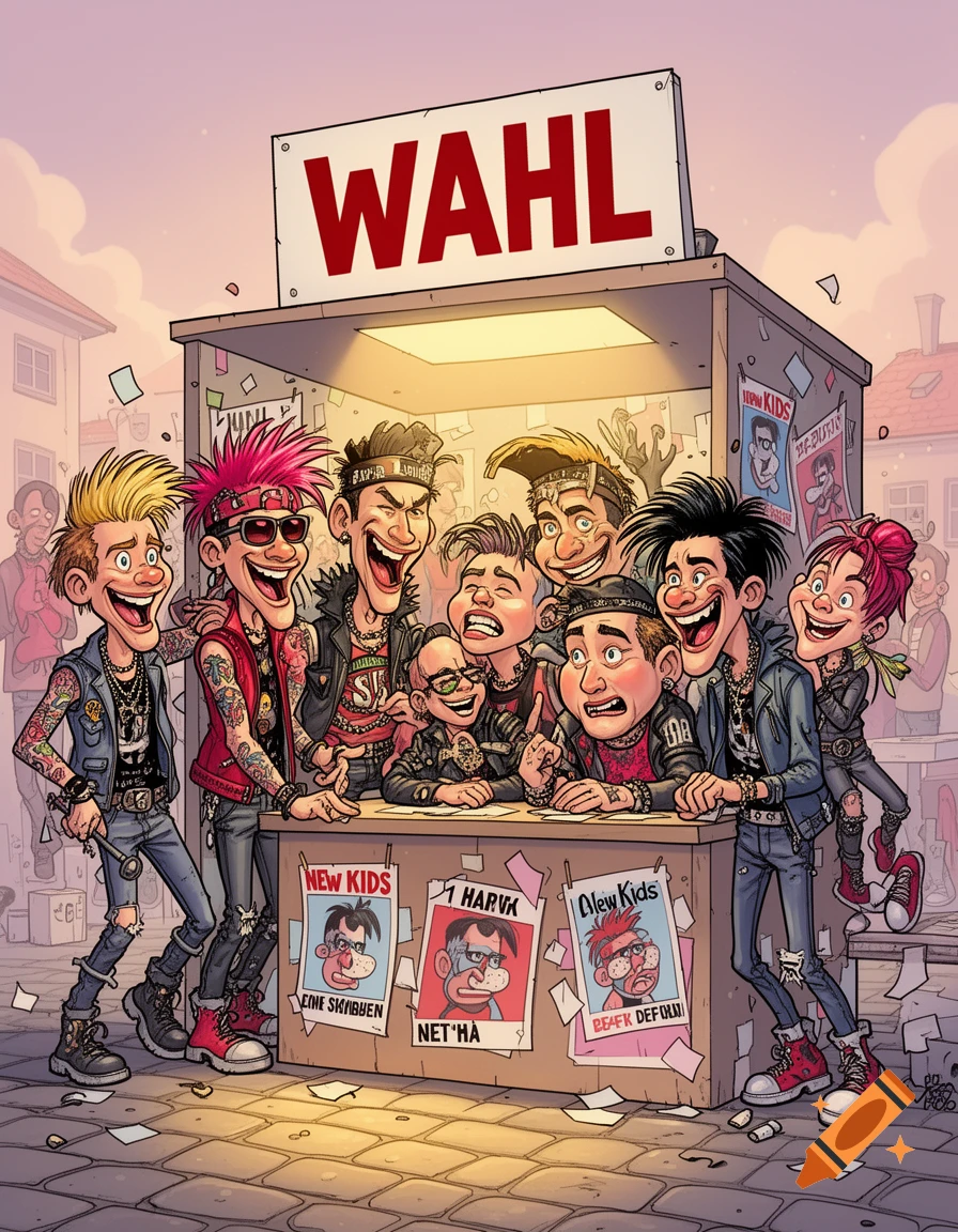 A group of cheerful, cartoonish punk rockers gather around an election booth labeled "WAHL" in a lively street scene.