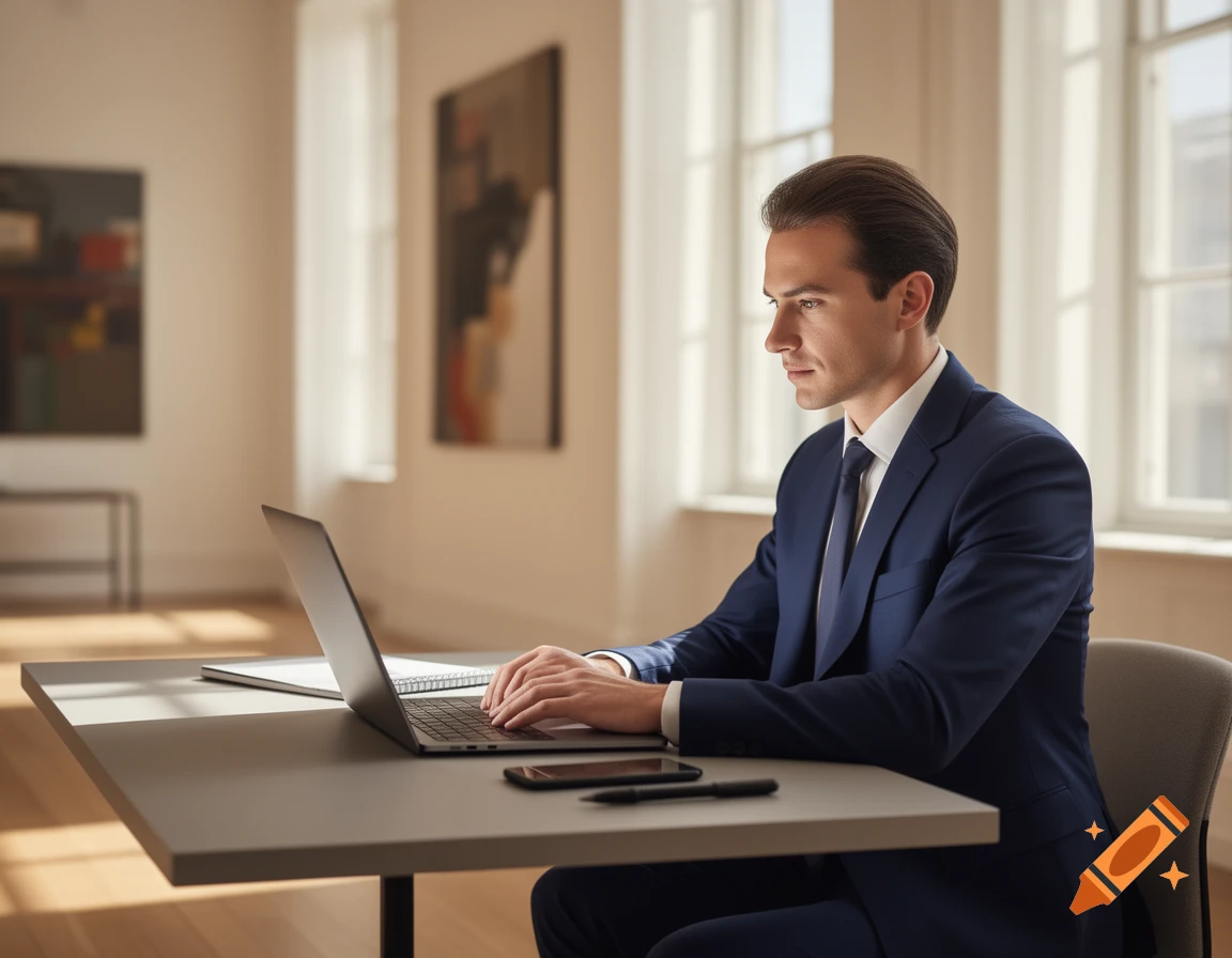 A man in a navy suit sits at a desk, typing on a laptop in a bright office with large windows.