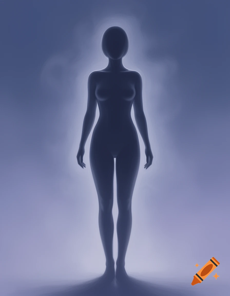 Stylized dark blue silhouette of a female figure with a glowing light blue aura against a dark blue background.
