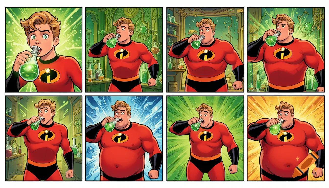 Six-panel cartoon comic of a boy in a red superhero suit drinking a green potion and progressively gaining weight.