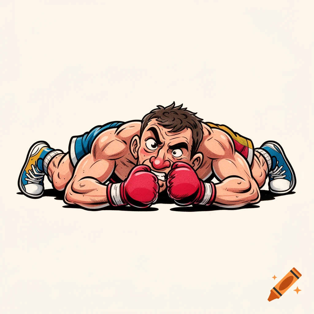 Cartoon illustration of a male boxer in red gloves and blue shorts lying on his stomach, looking up with a grimace.
