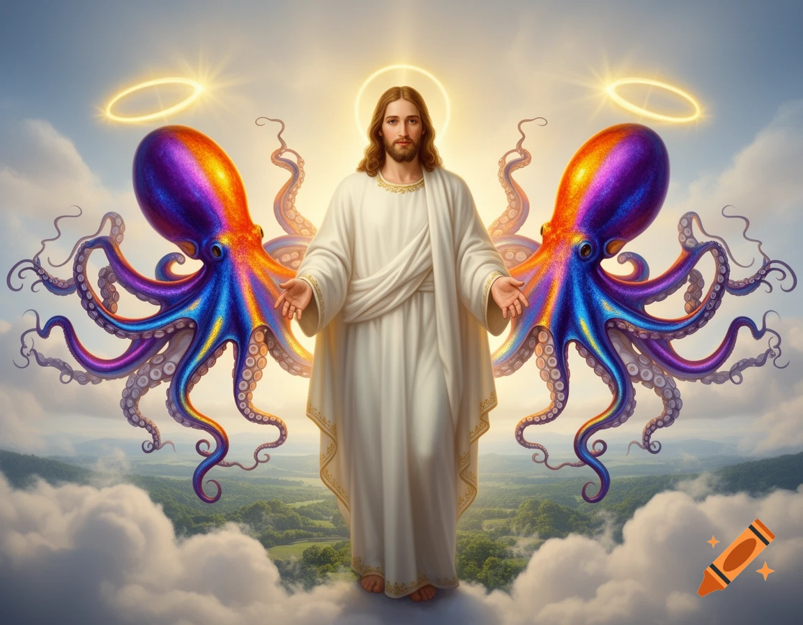 Jesus, with outstretched arms, stands on clouds, flanked by two large, vibrant octopuses with halos resembling wings, above a green landscape.