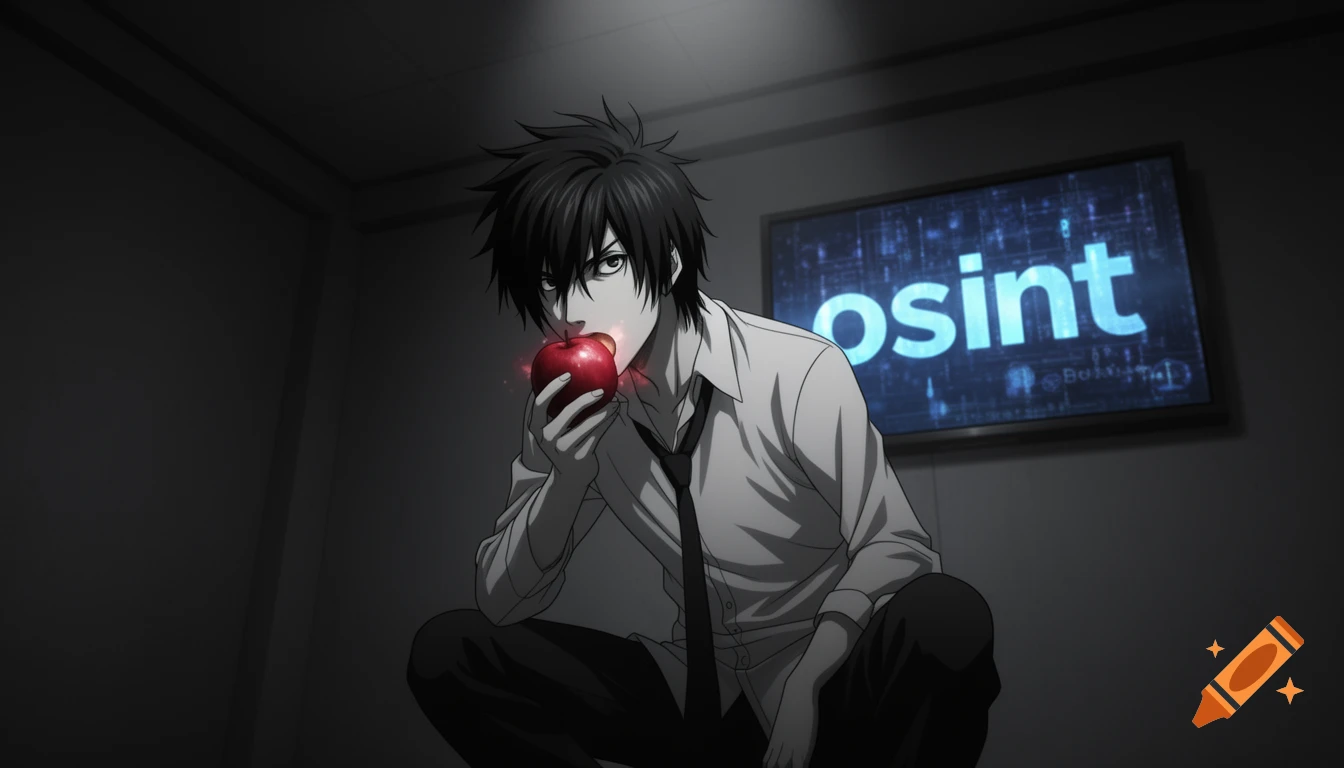 Anime man with black hair, crouching in a dark room, eating a glowing red apple, with a screen displaying 'osint' in the background.